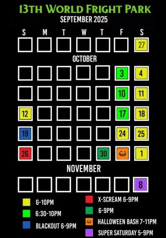 13th World Fright Park Schedule - Palmer, MA