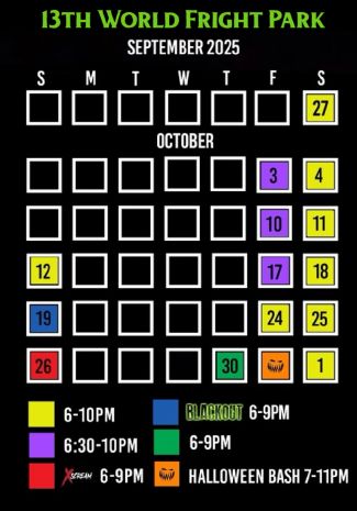 13th World Fright Park Schedule - Palmer, MA